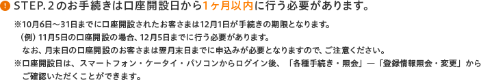 STEP.2のお手続きは口座開設日から1ヶ月以内に行う必要があります。