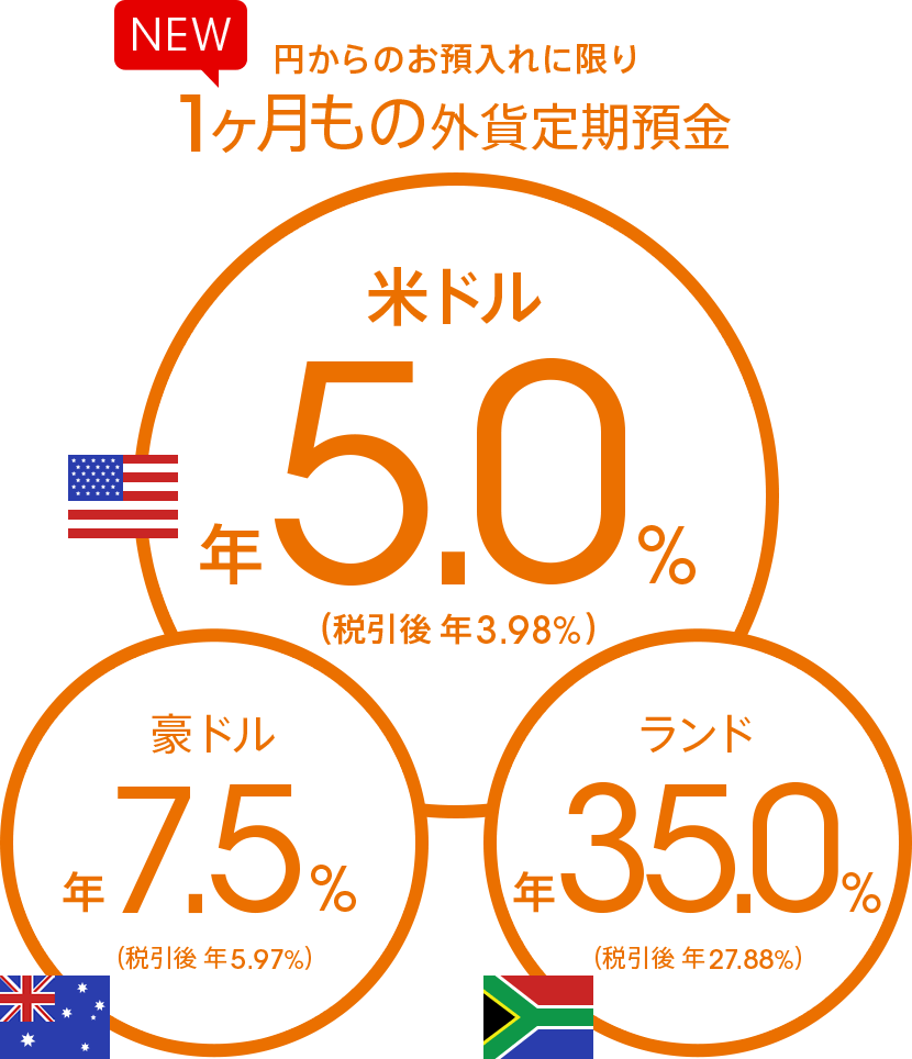 円からのお預入れに限り 1ヶ月もの米ドル定期預金 年5.0%(税引後 年3.98%)/1ヶ月もの豪ドル定期預金 年7.5%(税引後 年5.97%)/1ヶ月ものランド定期預金 年35.0%(税引後 年27.88%)