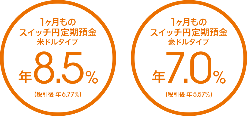 1ヶ月ものスイッチ円定期預金 米ドルタイプ 年8.5%(税引後 年6.77%)/豪ドルタイプ 年7.0%(税引後 年5.57%)