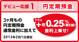 【デビュー応援1】3ヶ月もの円定期預金通常金利に加えて「＋年0.25％（税引前）」（2013年2月1日現在）