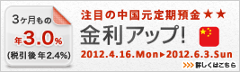 注目の中国元定期預金金利アップ！ 3ヶ月もの 年3.0％（税引後 年2.4％） 2012.4.16.Mon→2012.6.3.Sun 詳しくはこちら