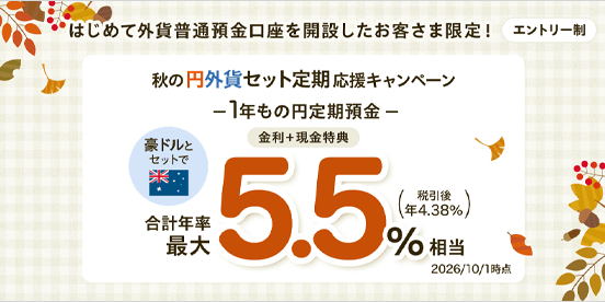 はじめて外貨普通預金口座を開設したお客さま限定！秋の円外貨セット定期 応援キャンペーン