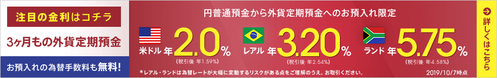 円からのお預入れに限り3ヶ月もの外貨定期預金 米ドル 年2.0%(税引後 年1.59%)レアル 年3.20%(税引後 年2.54%)ランド 年5.75%(税引後 年4.58%)