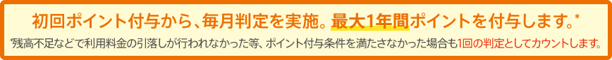 初回ポイント付与から、毎月判定を実施。最大1年間ポイントを付与します。※残高不足などで利用料金の引落しが行われなかった等、ポイント付与条件を満たさなかった場合も1回の判定としてカウントします。