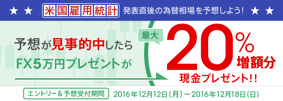 [米国雇用統計を予想しよう！] 予想が当たったら、「FX取引で5万円プレゼント」を20％増額！エントリー＆予想受付期間：2016年12月12日（月）～2016年12月18日（日）