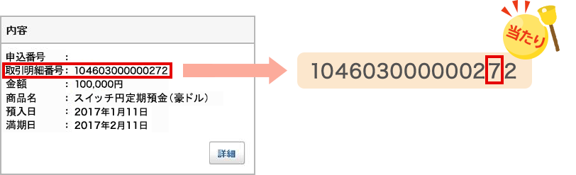 明細に表示されている15桁の「取引明細番号」の下2桁目が「7」だと当たり！