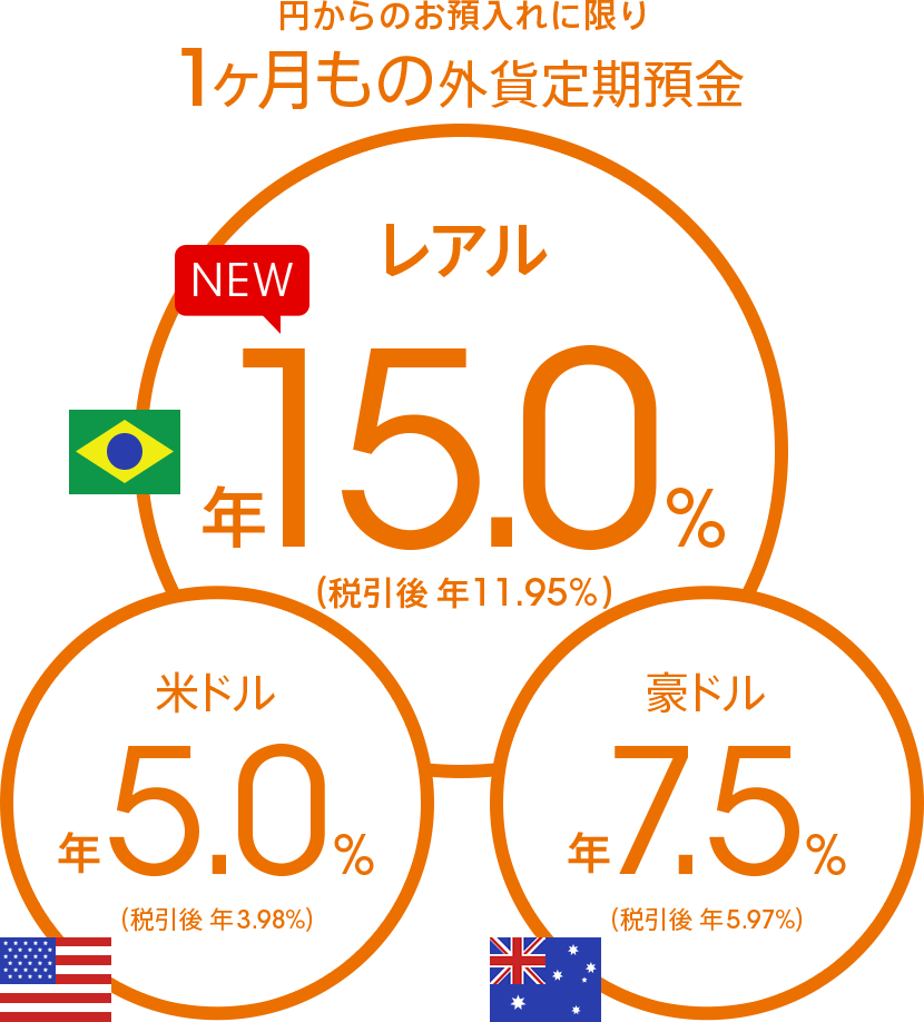 円からのお預入れに限り　1ヶ月もの米ドル定期預金 年5.0％（税引後 年3.98％）　1ヶ月もの豪ドル定期預金 年7.5％（税引後 年5.97％）　1ヶ月ものランド定期預金 年33.0％（税引後 年26.29％）