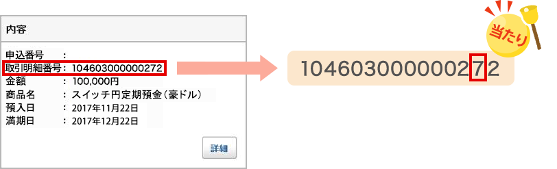 明細に表示されている15桁の「取引明細番号」の下2桁目が「7」だと当たり！