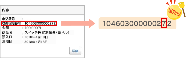 明細に表示されている15桁の「取引明細番号」の下2桁目が「7」だと当たり！