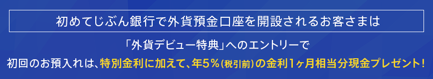 図：初めてじぶん銀行で外貨預金口座を開設されるお客さまは「外貨デビュー特典」へのエントリーで初回のお預入れは、特別金利に加えて、年5％(税引前)の金利1ヶ月相当分現金プレゼント！