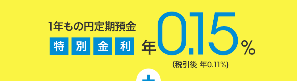 1年もの円定期預金特別金利 年0.15％（税引後　年0.11％）