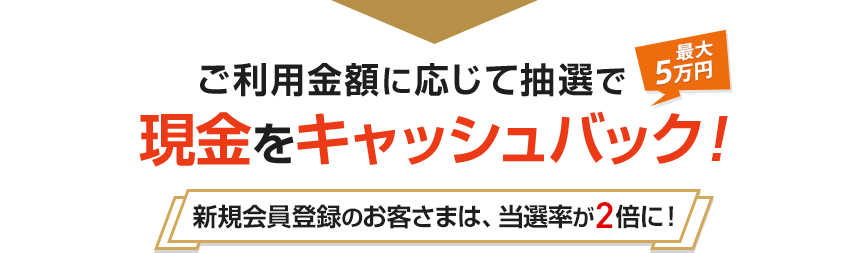 ご利用金額に応じて抽選で現金をキャッシュバック！ 最大5万円 新規会員登録のお客さまは、当選率が2倍に！