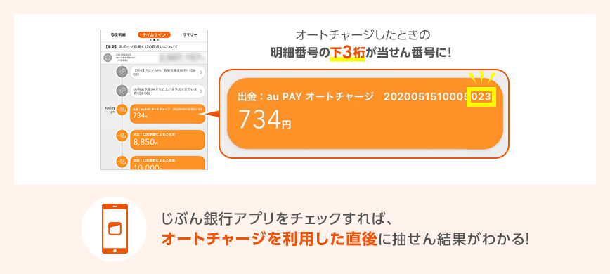 じぶん銀行アプリをチェックすれば、オートチャージを利用した直後に抽せん結果がわかる！