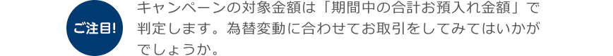 ご注目！ キャンペーンの対象金額は「期間中の合計お預入れ金額」で判定します。為替変動に合わせてお取引をしてみてはいかがでしょうか。