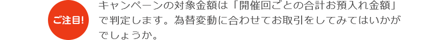 ご注目！ キャンペーンの対象金額は「開催回ごとの合計お預入れ金額」で判定します。為替変動に合わせてお取引をしてみてはいかがでしょうか。