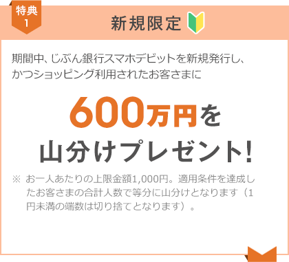 期間中、じぶん銀行スマホデビットを新規発行し、かつショッピング利用されたお客さまに600万円を山分けプレゼント！