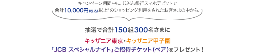 キャンペーン期間中に、じぶん銀行スマホデビットで合計10,000円以上*のショッピング利用をされたお客さまの中から、抽選で合計150組300名さまにキッザニア東京・キッザニア甲子園「JCB スペシャルナイト」チケット（ペア）をプレゼント！