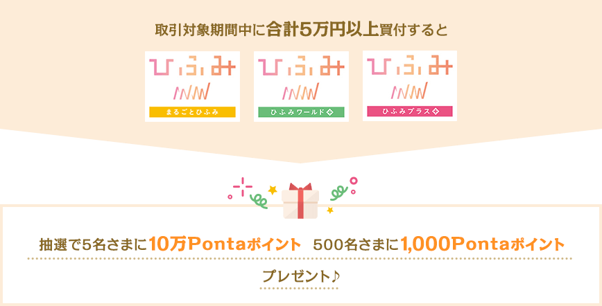 取引対象期間中に合計5万円以上買付すると 抽選で5名さまに10万Pontaポイント 500名さまに1,000Pontaポイントプレゼント♪