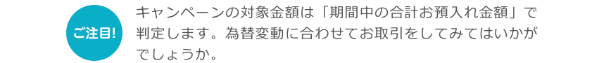 ご注目！キャンペーンの対象金額は「期間中の合計お預入れ金額」で判定します。為替変動に合わせてお取引をしてみてはいかがでしょうか。