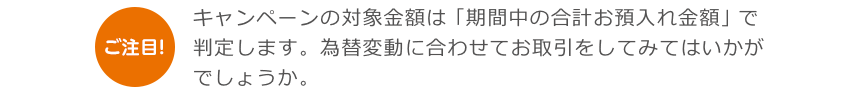 ご注目！キャンペーンの対象金額は「期間中の合計お預入れ金額」で判定します。為替変動に合わせてお取引をしてみてはいかがでしょうか。