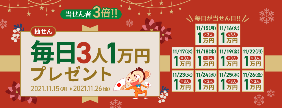 FX取引で毎日3人に1万円プレゼント！11/26（金）まで！