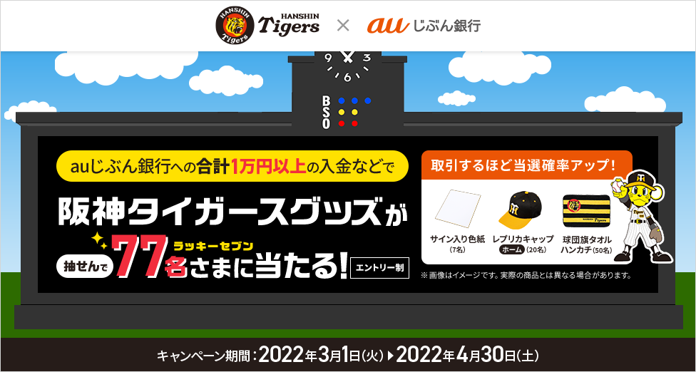 auじぶん銀行への合計1万円以上の入金などで阪神タイガースグッズが抽せんで77名さまに当たる！