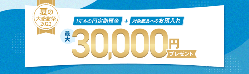 夏の特別企画 1年もの円定期預金＋対象商品へのお預入れ 最大30,000円プレゼント