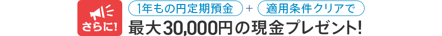 さらに！1年もの円定期預金+適用条件クリアで最大30,000円の現金プレゼント！