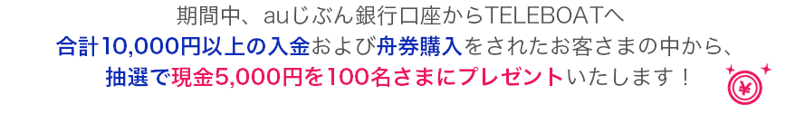 期間中、auじぶん銀行口座からTELEBOATへ合計10,000円以上の入金および舟券購入をされたお客さまの中から、抽選で現金5,000円を100名さまにプレゼントいたします！