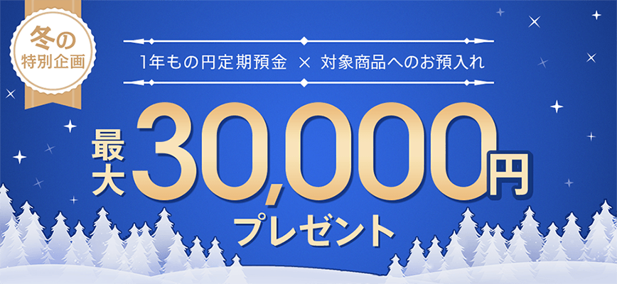 冬の特別企画 1年もの円定期預金×対象商品へのお預入れ 最大30,000円プレゼント