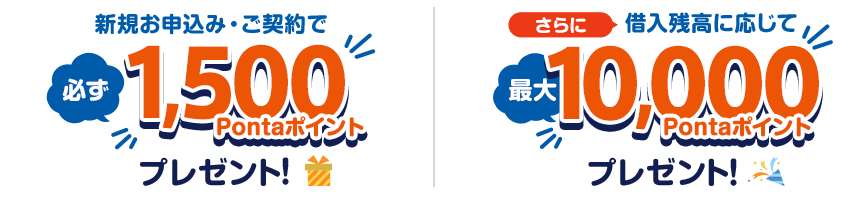 新規お申込み・ご契約で必ず1,500Pontaポイント！ さらに借入残高に応じて最大10,000Pontaポイントプレゼント！