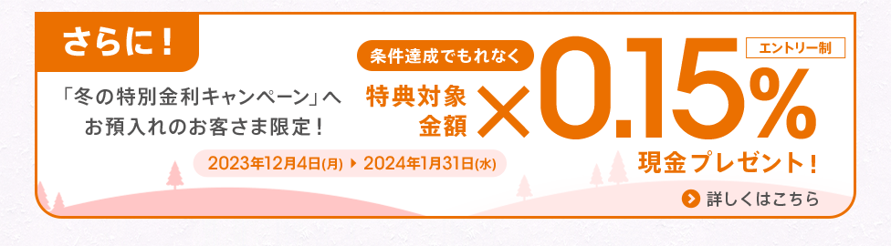 さらに！「冬の特別金利キャンペーン」へお預入れのお客さま限定！ 条件達成でもれなく特典対象金額×0.15%現金プレゼント！