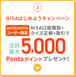 3.NISAはじめようキャンペーン au/UQ mobileユーザー限定 NISA口座開設＋クイズ正解＋取引で 合計最大5,000Pontaポイントプレゼント！
