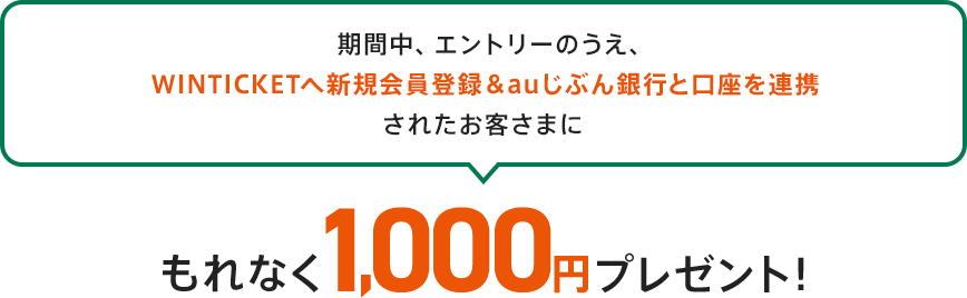 期間中、エントリーのうえ、WINTICKETへ新規会員登録&auじぶん銀行と口座を連携されたお客さまにもれなく1,000円プレゼント！