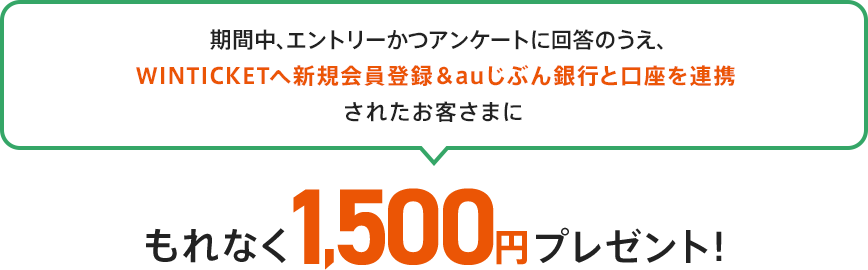 期間中、エントリーかつアンケートに回答のうえ、WINTICKETへ新規会員登録&auじぶん銀行と口座を連携されたお客さまにもれなく1,500円プレゼント！