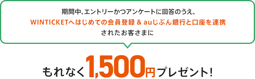 期間中、エントリーかつアンケートに回答のうえ、WINTICKETへはじめての会員登録&auじぶん銀行と口座を連携されたお客さまにもれなく1,500円プレゼント！