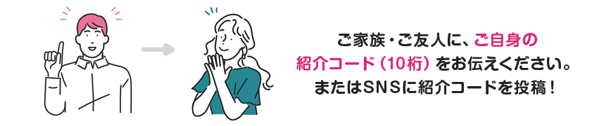 ご家族・ご友人に、ご自身の紹介コード（10桁）をお伝えください。またはSNSに紹介コードを投稿！