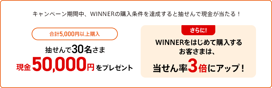 キャンペーン期間中、WINNERの購入条件を達成すると抽せんで現金が当たる！