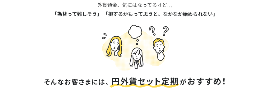 外貨預金、気にはなってるけど…「為替って難しそう」「損するかもって思うと、なかなか始められない」そんなお客さまには、円外貨セット定期がおすすめ！