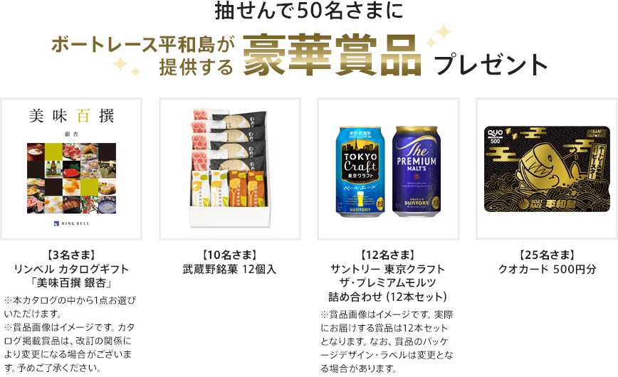 抽せんで50名さまにボートレース平和島が提供する豪華賞品プレゼント