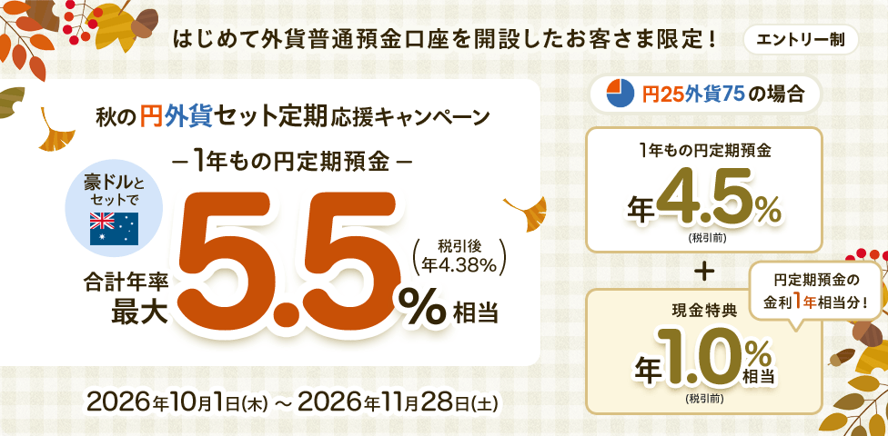 はじめて外貨普通預金口座を開設したお客さま限定!秋の円外貨セット定期 応援キャンペーン