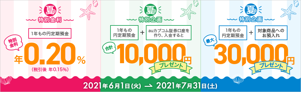 夏の特別金利キャンペーン 円定期とセットでauカブコム証券デビューキャンペーン 円定期セットキャンペーン