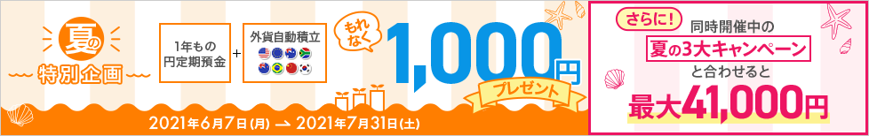 円定期と外貨積立セットでお預入れキャンペーン1,000円 同時開催中の夏の3キャンペーンと併せると最大41,000円