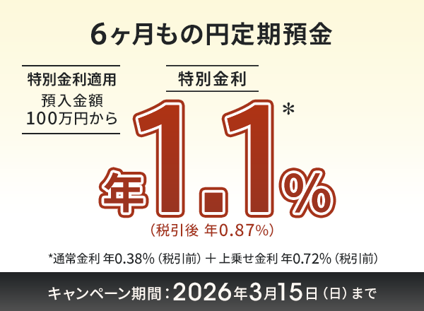 6ヶ月もの円定期預金キャンペーン　特別金利 年1.1％（税引後 年0.87%）