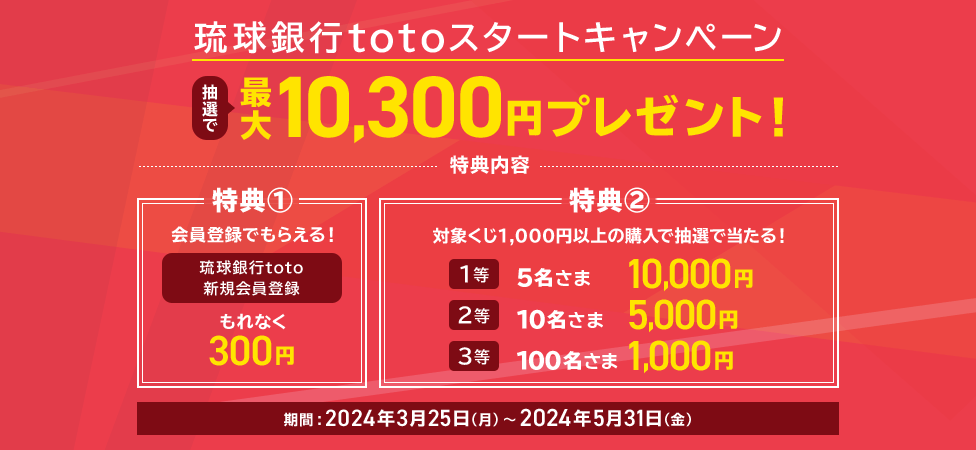 琉球銀行totoスタートキャンペーン 抽選で最大10,300円プレゼント！