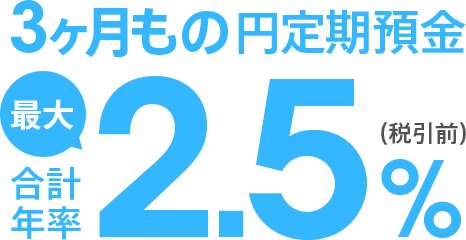 [3ヶ月もの円定期預金 合計年率最大2.5％（税引前）]