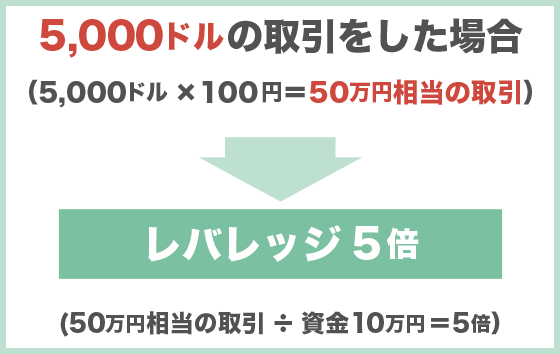 5,000ドルの取引をした場合（5,000ドル×100円＝50万円相当の取引）→レバレッジ5倍