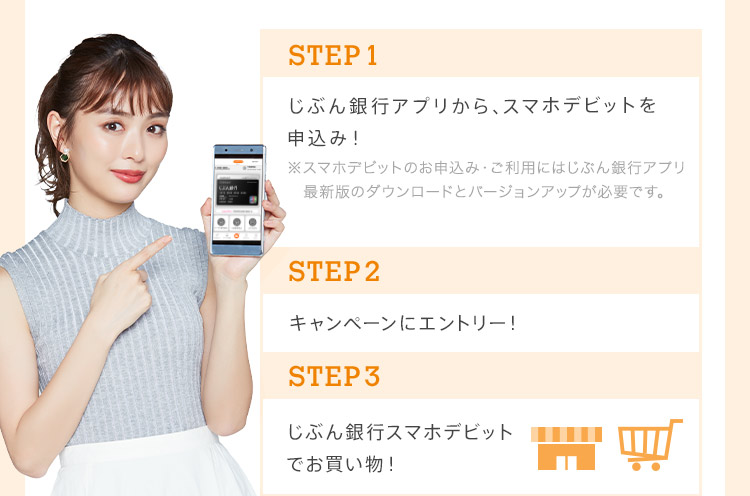 【STEP1】じぶん銀行アプリから、スマホデビットを申込み！※スマホデビットのお申込み・ご利用にはじぶん銀行アプリ最新版のダウンロードとバージョンアップが必要です。【STEP2】キャンペーンにエントリー！【STEP3】じぶん銀行スマホデビットでお買い物！