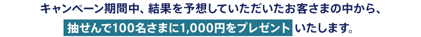 キャンペーン期間中、結果を予想していただいたお客さまの中から、抽せんで100名さまに1,000円をプレゼントいたします。