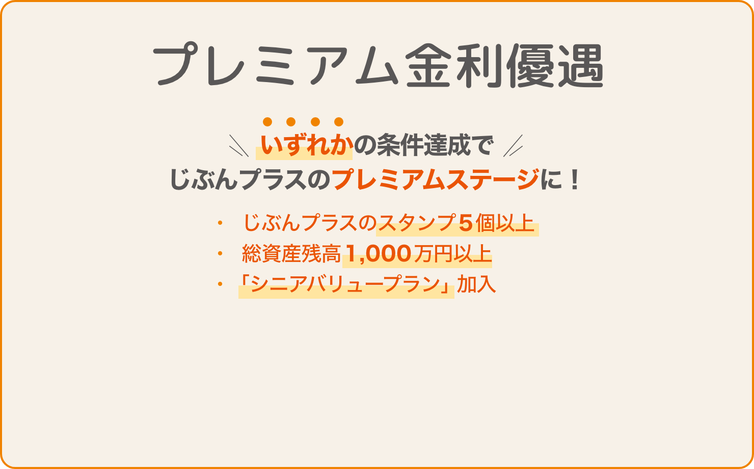 じぶんプラスのスタンプ5個以上、総資産残高1,000万円以上、「シニアバリュープラン」加入のいずれかの条件達成でじぶんプラスのプレミアムステージに！